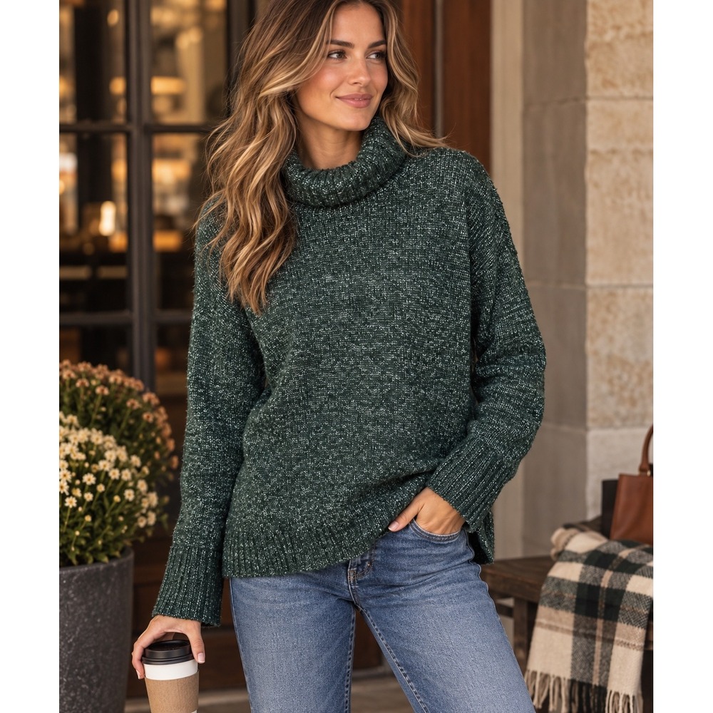 Banana Republic Turtleneck Sweater Green Marled Knit Cozy Casual Size M